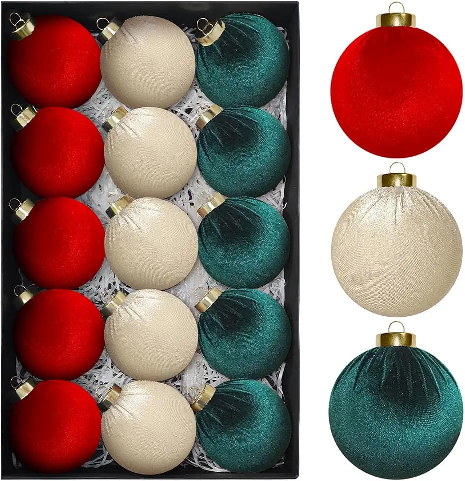 15 Pcs 3.15" Large Red and Green Velvet Ball Ornaments for Christmas Tree