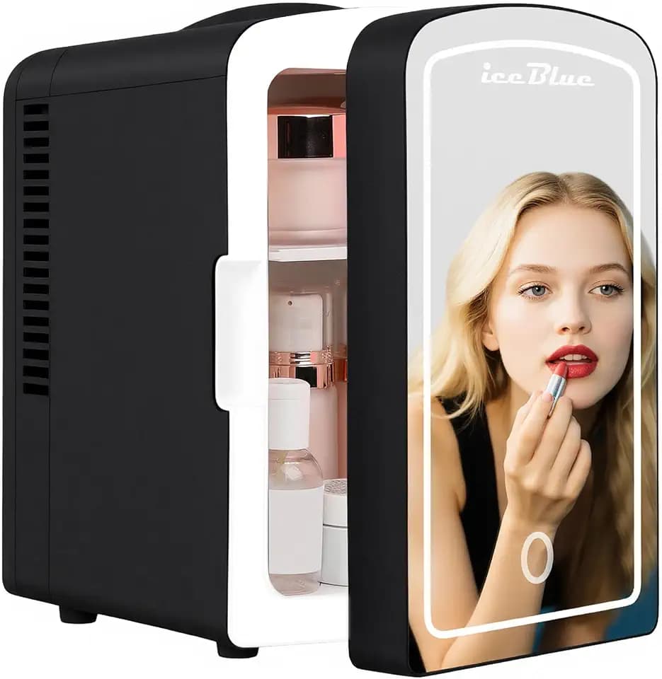 Iceblue Mini Fridge, 4 Liter /6 Cans Makeup Fridge with LED Mirror (Black)