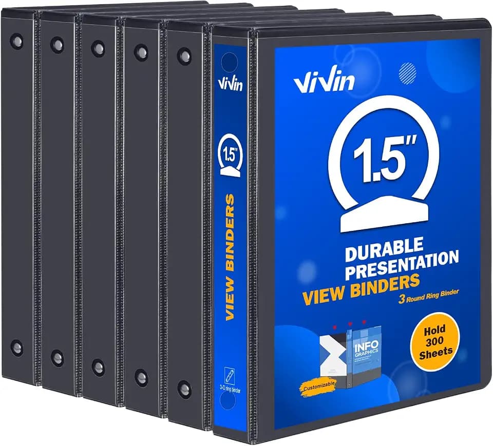 ViVin Sturdy 3 Ring Binder 1.5 Inch with 2 Interior Pockets, 6 Pack, Black