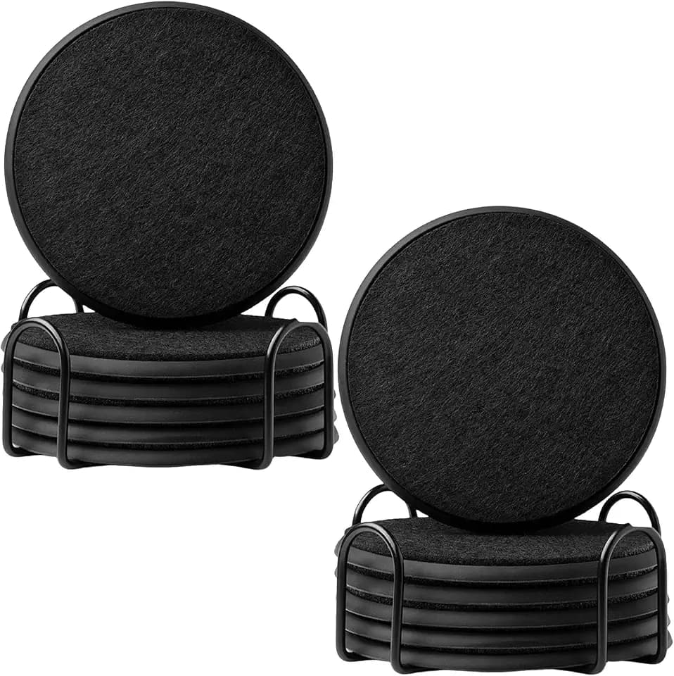 HOZEON 12 Pack Absorbent Coasters with Holder, 4 Inch Round Silicone Drink Coasters with Soft Felt Insert for Home, Office, Coffee Table (Black)