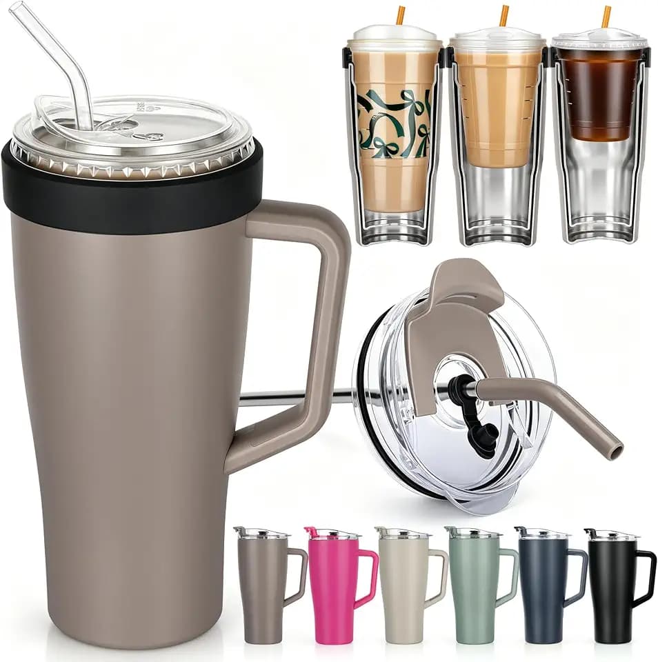 28 oz Iced Coffee Tumbler with Leak-Proof Lid – Stainless Steel Vacuum Insulated Travel Mug & Sleeve, Keeps Drinks Hot or Cold (Latte)