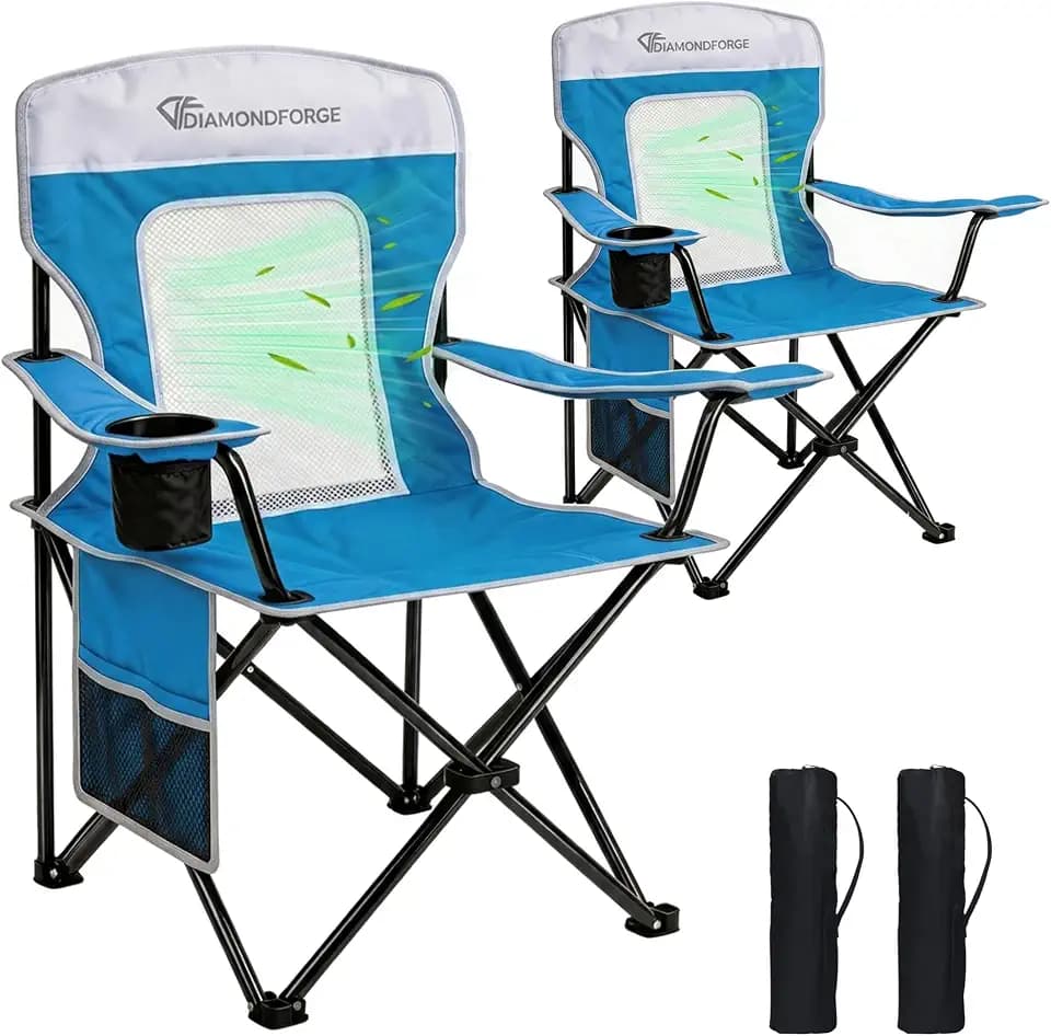 Camping Chairs, 300 LBS Breathable Mesh Lawn Chairs 2 Packs, Blue White