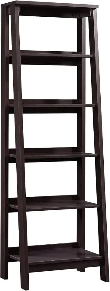 Sauder Ladder Bookshelf 5 Tier Trestle Ladder Shelf Wooden Bookcase, in Jamocha Wood