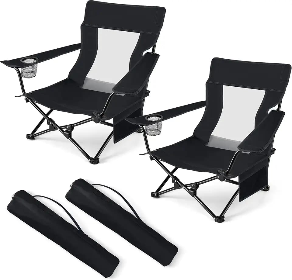 HaSteeL Low Beach Chairs, 2Pcs Folding Camping Lawn Chairs - Black