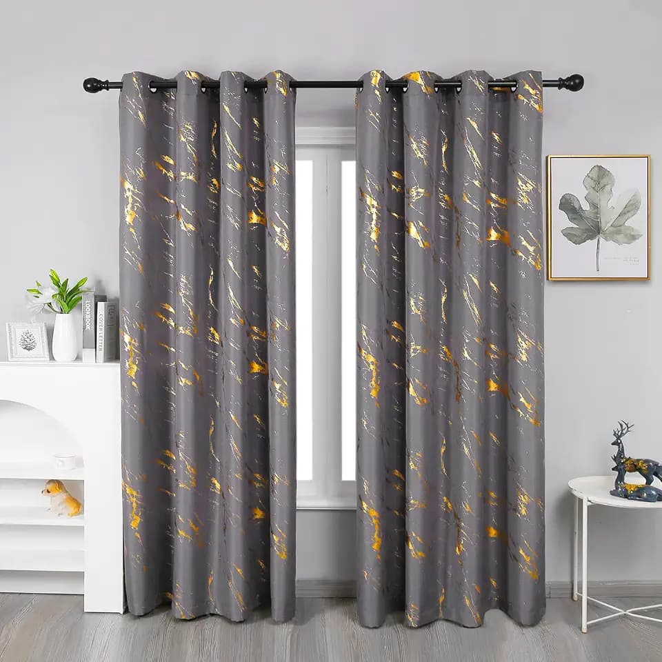 Taisier Home Gold Foil Print Linen Textured Curtains Geometric Marble Pattern Design Curtains for Living Room Light Filtering Window Treatment 2 Panels 72" L,Soft Grey and Gold Curtain Print