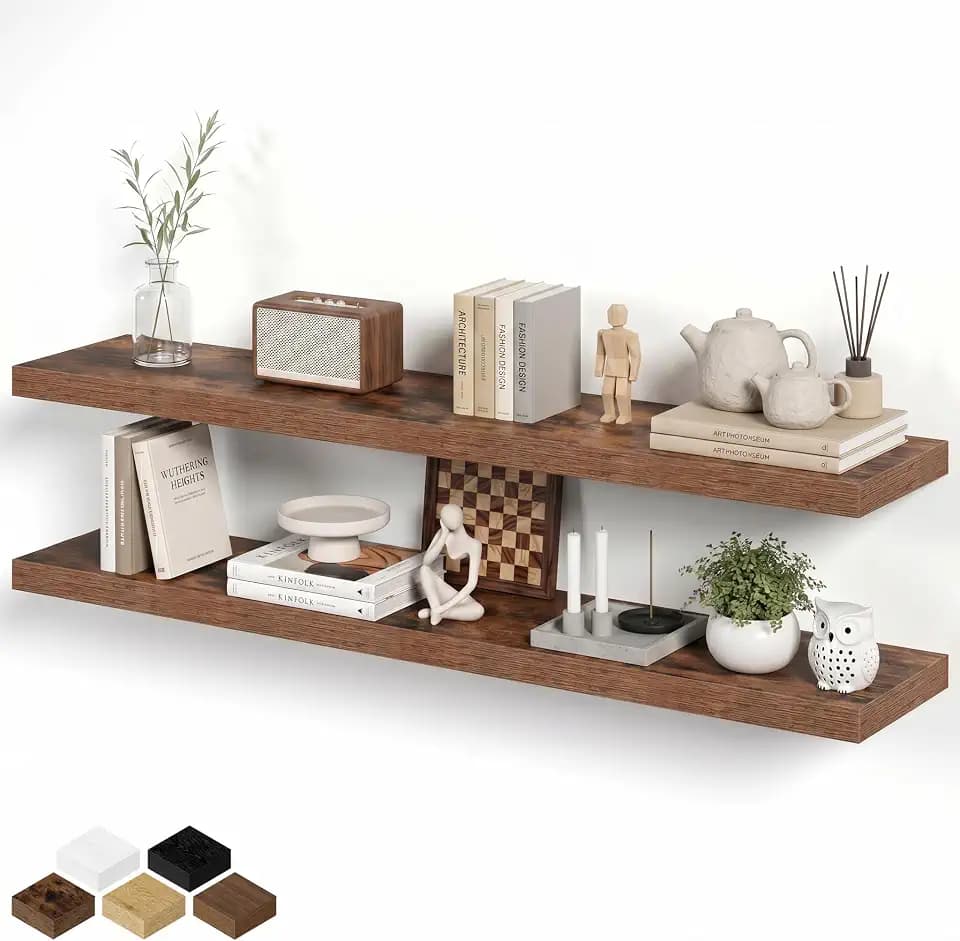 Fun Memories 55 Inch Long Floating Shelves for Wall, 8" Deep Floating Shelves for Bathroom Living Room Bedroom, Rustic Wall Mounted Shelf with Invisible Heavy-Duty Bracket, Set of 2, Rustic Brown