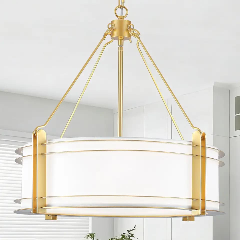 20.4'' Gold Drum Chandelier with White Linen Fabric Shade