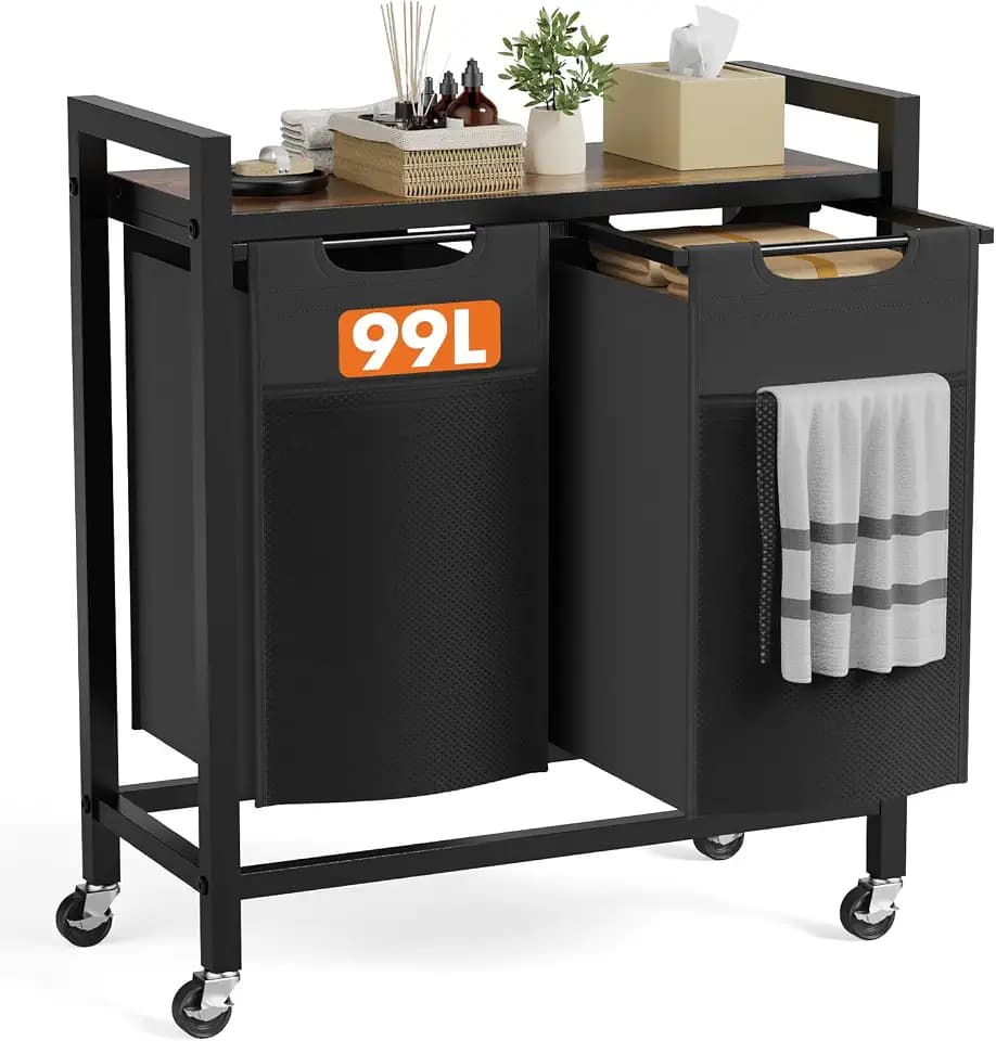 DUMOS Laundry Hamper with 2 Pull-Out Removable Sorter Bags, Movable Wheels, Freestanding Clothes Basket Organizer in Bathroom, 2 x 13.1Gal (99L) Capacity, Rustic Brown and Black
