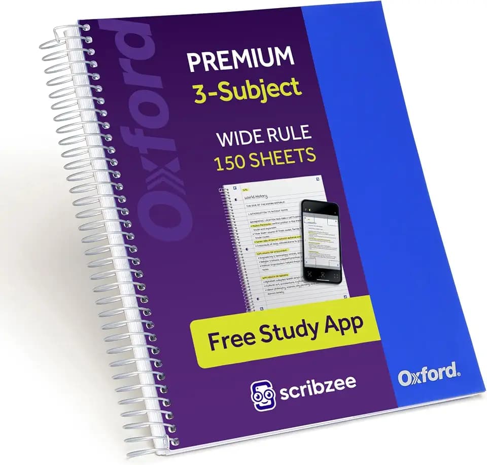 Oxford Spiral Notebook with Free Study App, 3 Subject, Wide Ruled, Ultra Smooth Paper, No Ink Bleed-Through, Strong Poly Blue Cover, 3 Durable 2 Sided Pockets, 150 Easy Perforated 8.5" x 11" Sheets