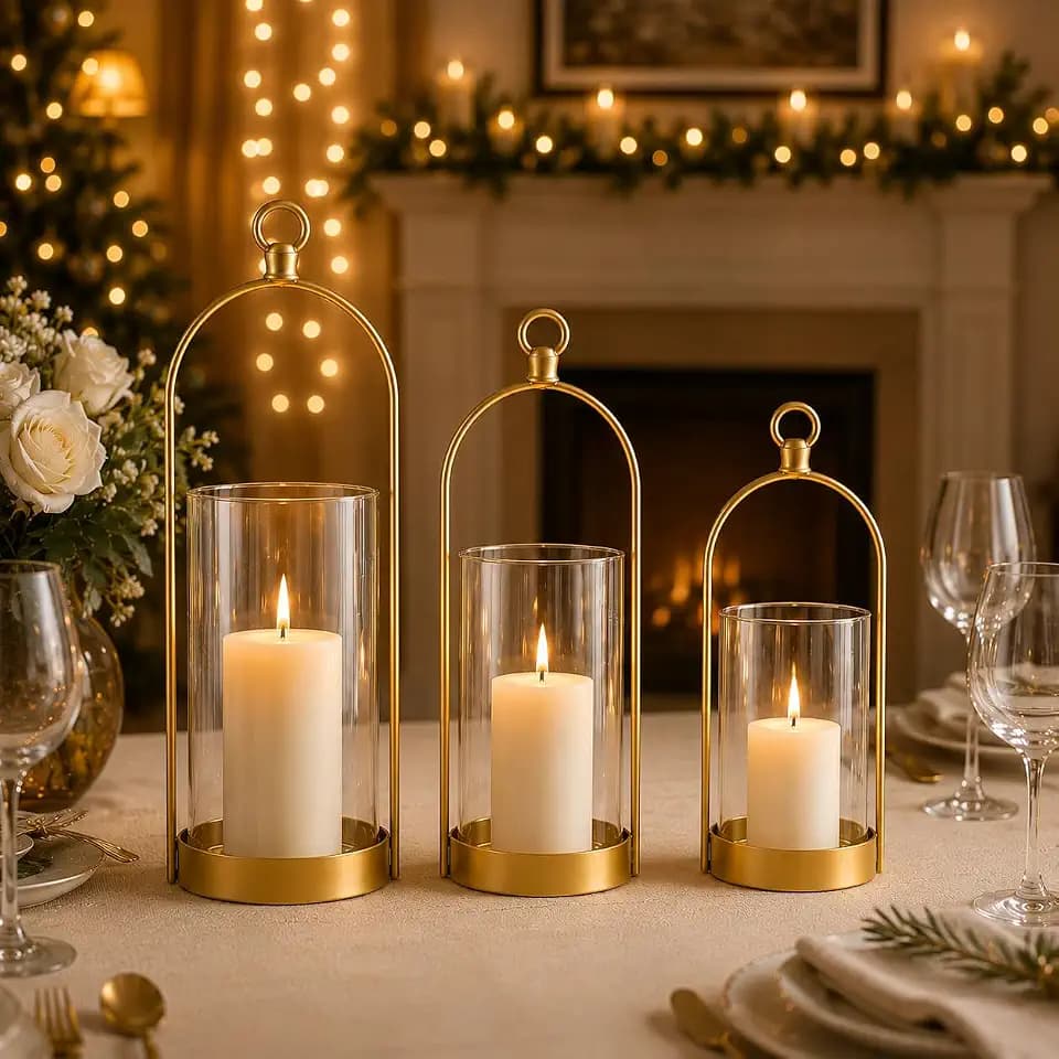 Hurricane Candle Holders Set of 3, Gold Decorative Candle Lanterns
