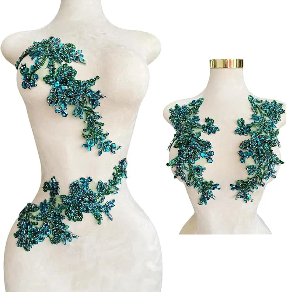 Handmade Shining Rhinestones lace Applique Patches Sewing Beads Sequins Stone Trim Accessories for Wedding Dress one Pair/Bag (Deepgreen)