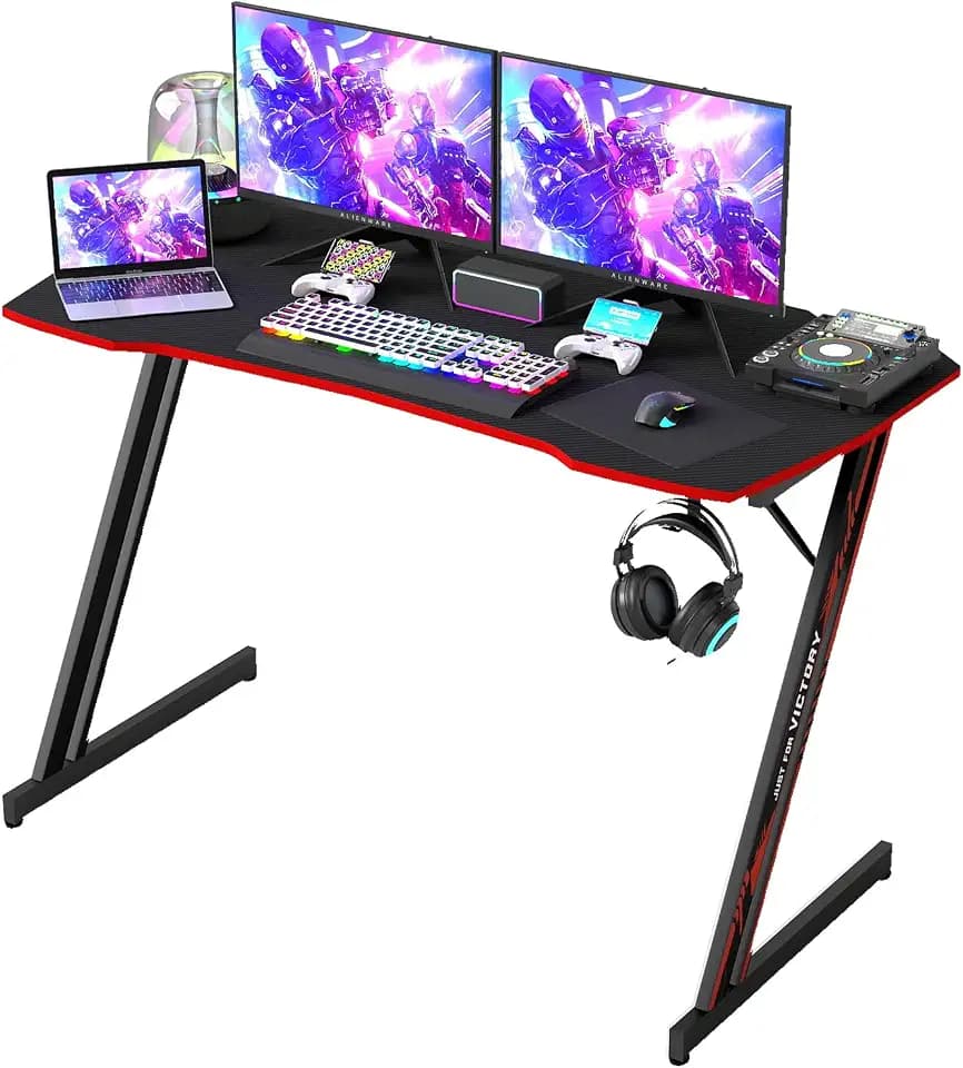 BestOffice | 47" Gaming Table | Black & Red | Z-Shaped Computer Desk