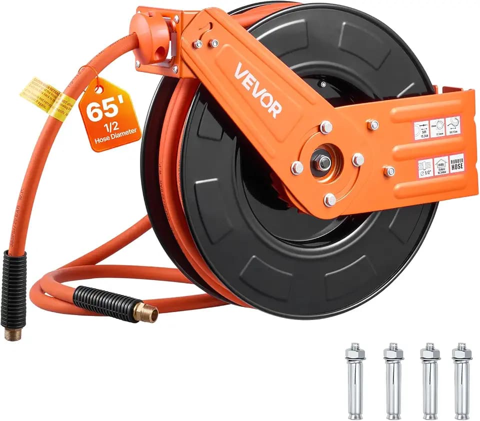 VEVOR Retractable Air Hose Reel, 1/2 Inch x 65 FT Rubber Air Hose Max 300PSI, Auto Rewind Air-Compressor Hoses Reel with 5 ft Lead in, Ceiling/Wall Mount for Garage Workshops