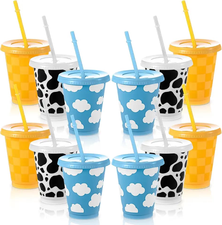 Tioncy 24 Pcs 16 Oz Cartoon Themed Party Reusable Plastic Cups Plastic Tumbler with Lid and Straw Drinking Cup Cartoon Carnival Birthday Party Supplies for Decorations