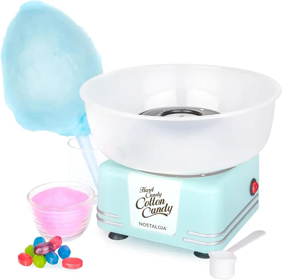 Nostalgia Countertop Cotton Candy Machine – Use Normal or Sugar-Free Candy or Flossing Sugar – Includes 2 Reusable Cones and Measuring Scoop – Aqua