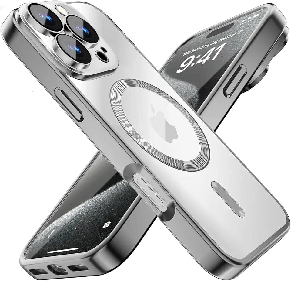 Misscase für iPhone 15 Pro Hülle 6.1 Zoll, Farbe Elektroplattiert Rahmen Transparente Rückseite magnetisches TPU Handyhülle Kompatibel mit MagSafe, Militärnorm Schutz, Kratzfeste Stoßfest -Silber