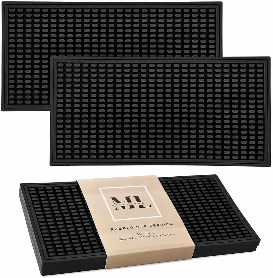 2 Pack Rubber Bar Mat – Non-Slip Spill & Drip Mat for Bartending, Coffee Bar & Kitchen Countertop, Thick Durable Counter Protector & Stylish Drying Mat (Total Black, 12"x6")
