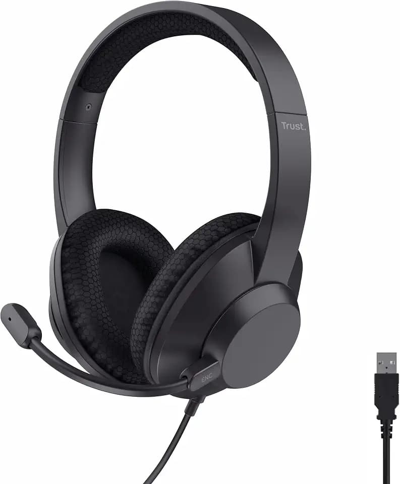 Trust Ayda Max USB Headset mit Mikrofon Over-Ear, Noise Cancelling Mikrofon | Kopfhörer mit Kabel 1,80m, 85% Recyclingkunststoff, Headphones USB-C für Office Teams Zoom, Schwarz