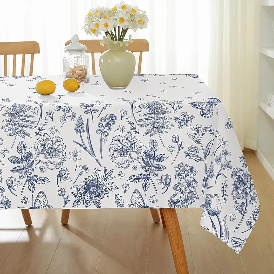 MATIRUG Blue and White Floral Tablecloth for Rectangle 52"x70"