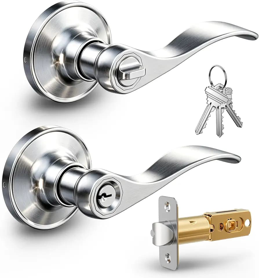 Veise Keyed Entry Door Handle with Lock, Wave Door Levers, Satin Nickel