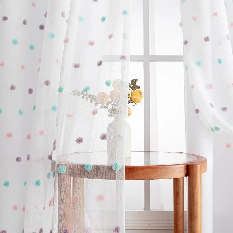 MYSKY HOME Rainbow Pom Pom Sheer Kids Curtains 84 Inches 2 Layer 2 Panels