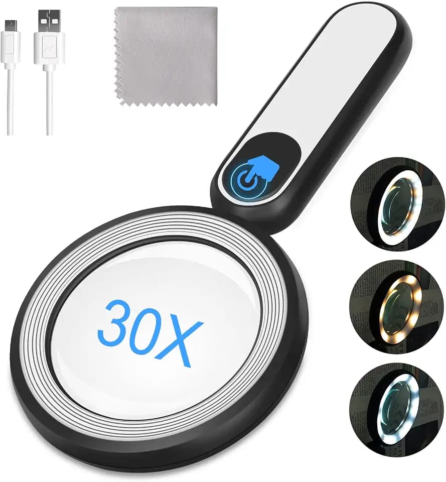 Rechargeable Magnifying Glass with Light, 30X 4.7IN Handheld Large Lightweight Lighted Magnify Len 21 LED 3 Modes Illuminated Book Magnifier forSenior,Reading,Inspection,Coin,JewelryChristmasGift