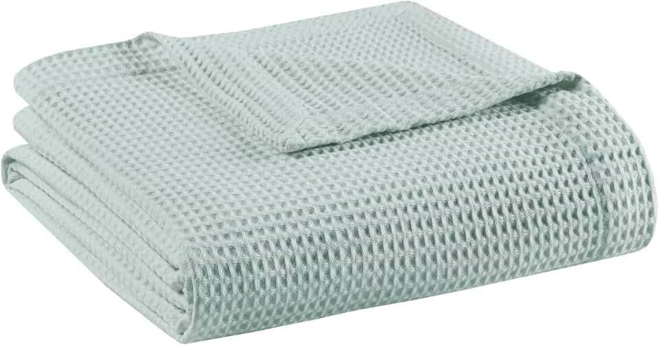 Madison Park Waffle Weave Blanket Cotton All Season for Summer, King, Aqua