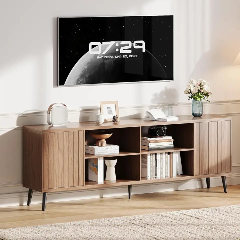 Television Stand for Living Room, Fluted TV Stand with Open Storage Shelves for Up to 75 Inch TVs, Mid Century Modern Entertainment Center Media Console TV Cabinet with Adjustable Shelves- Walnut