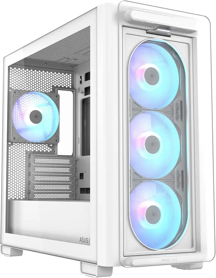 ASUS A21 Plus TG ARGB White Micro ATX-Gehäuse, unterstützt Motherboards mit versteckten Anschlüssen, 360-mm-Radiatoren und 380-mm-Grafikkarten, 4 vorinstallierte ARGB-Lüfter, Weiß