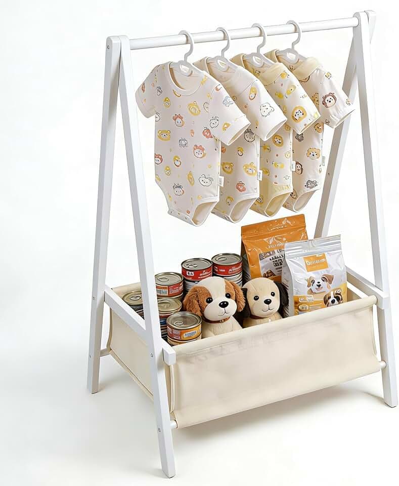 Baby Clothing Rack for Baby Shower, Pets Clothes Rack with Storage Box & Hanging Rod for Dogs/Cats, Mini Dolls Closet Rack, Bamboo Baby Shower Rack for Nursery Room (White)
