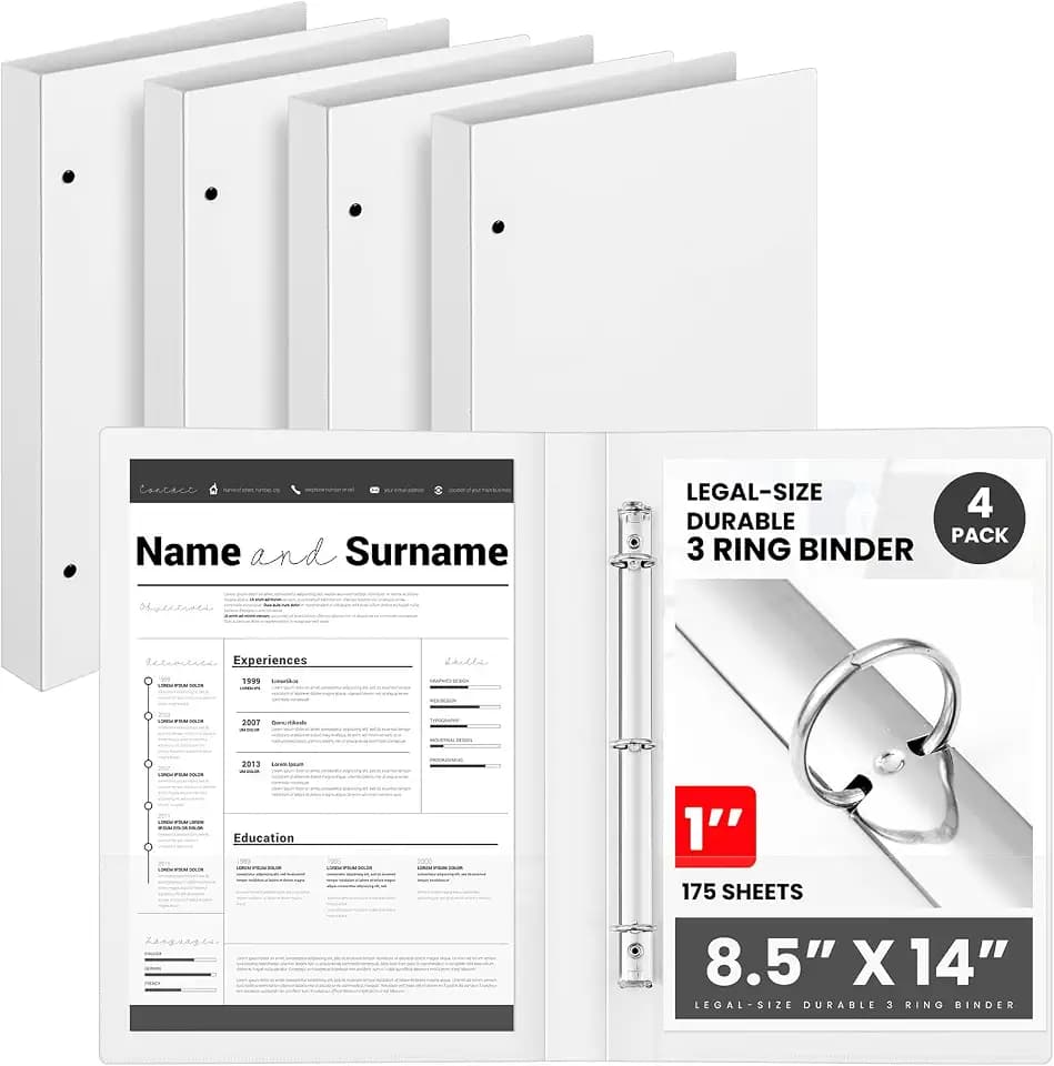 Henoyso 4 Pcs Legal Size Binder 3 Ring 1" Durable White Binders for 8.5" x 14" Paper Hold up to 175 Sheets for Documents Artwork Blueprints, Office, Home, Work Places