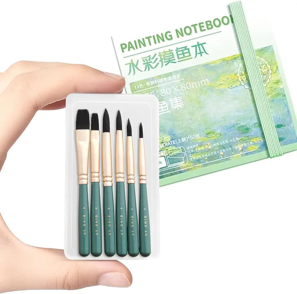 8 Pcs Mini Portable Watercolor Palette Set Travel Paint Palette Kit,6 pcs Short Handle Watercolor Brushes,Small Sketchbook and Clear Acrylic Grid Paint Box & Carrying Case for Art Lovers
