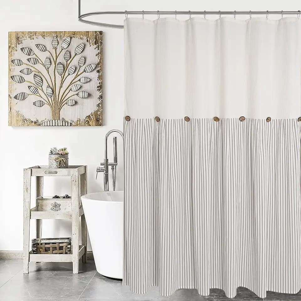 DOSLY IDÉES Farmhouse Shower Curtain, Beige and Gray Striped, Button Curtain, Spa Waffle and Cotton Woven Fabric, Rustic Charm Country Chic Style for Bathroom, 72x96 in