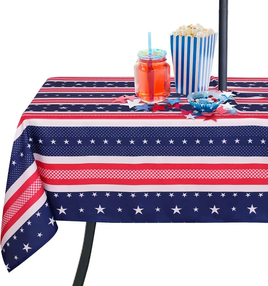 LUSHVIDA 4th of July Tablecloth Outdoor Tablecloth with Umbrella Hole and Zipper- Rectangle 60x84 inch Patio Table Cover for or July 4th Independence Day Patriotic Tablecloth, American Striped Star