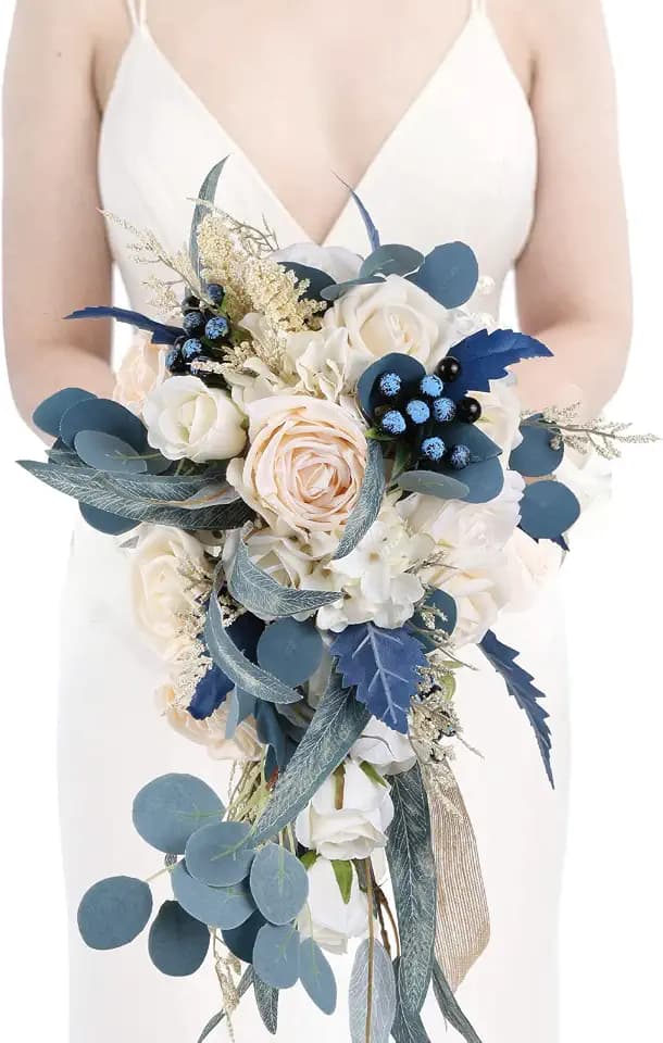 Wedding Bouquets for Bride, 11 Inch Bride Bouquets for Wedding Dusty Blue Artificial Flowers Bridal Bouquet for Wedding Ceremony Anniversary(Dusty Blue)