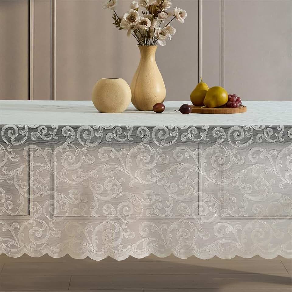 HLC.ME Scroll Lace Tablecloth, Rectangle, 60x84 Inch, Ivory