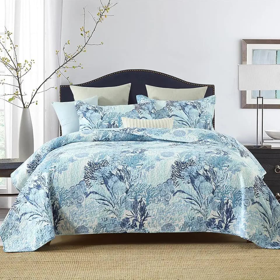 Autumn Dream Cotton Coastal Bedspread Quilt Sets Reversible Bedding Coverlet Sets Comforters, Fairytale Seaweed Blue Bedspread, Blue Ocean, King Size