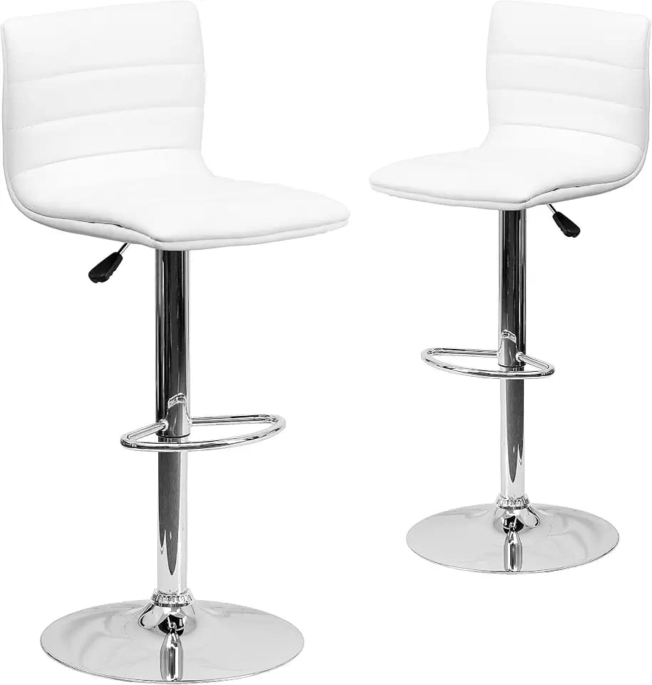 Flash Furniture Vincent 2 Pack Modern White Vinyl Adjustable Bar Stool with Back, Counter Height Swivel Stool with Chrome -Pedestal Base