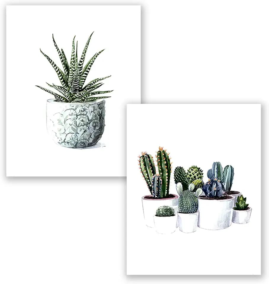 AtoZStudio A65 Succulent Wall Art Decor - Set of 2 Cactus Poster Print // Green Watercolor Cacti Plant Painting Picture // Vintage Classroom Artwork (8x10)