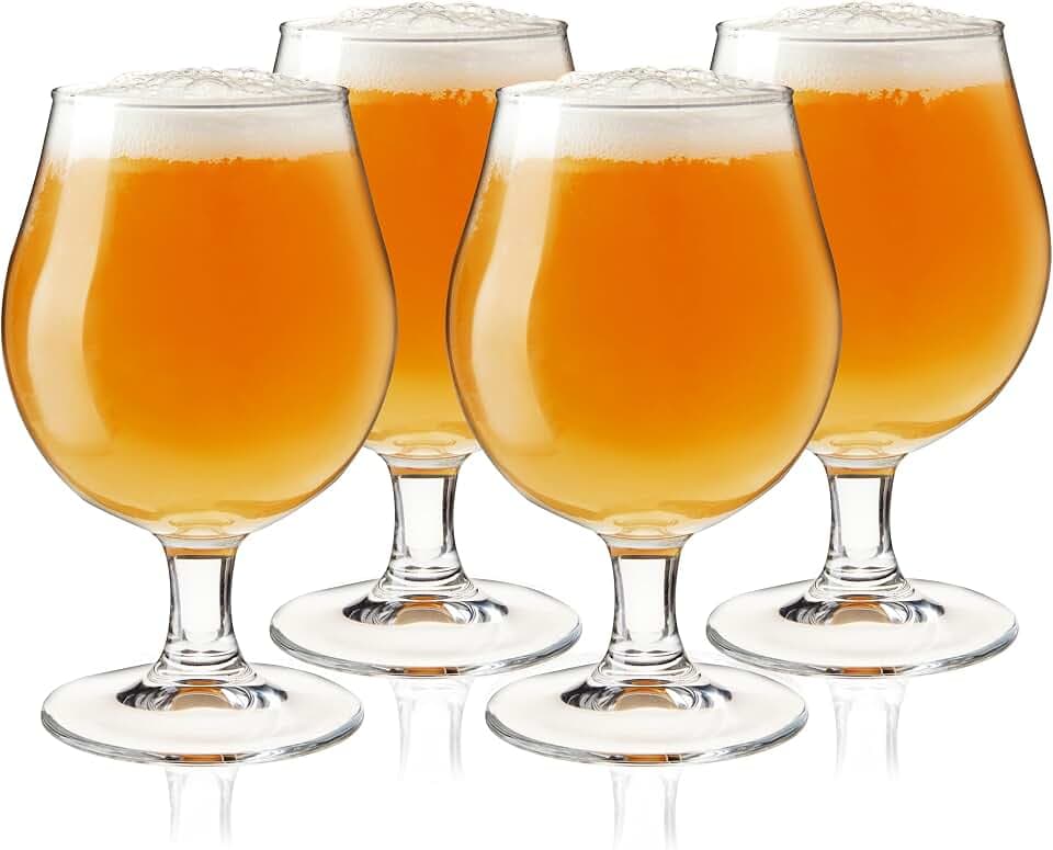True Classic Tulip Beer Glasses, Sparkling Clear Drinking Glasses for Belgian Ales, Sours, IPA Beers, Cocktails, Gifts for Men, Game Night, Happy Hour, Home Bar, Elegant Glassware, 15 oz, Set of 4