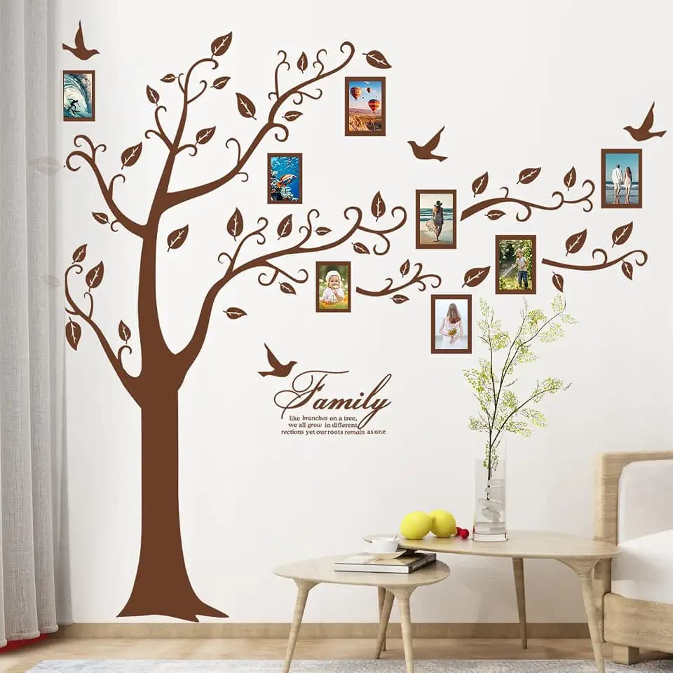 Large Family Photo Tree Wall Sticker 3D Peel and Stick Vinyl Photo Frame Tree Wall Decals Removable Quotes Leaf and Birds Wall Decor for Home Kids Bedroom Living Room Classroom Nursery (Right, Brown)