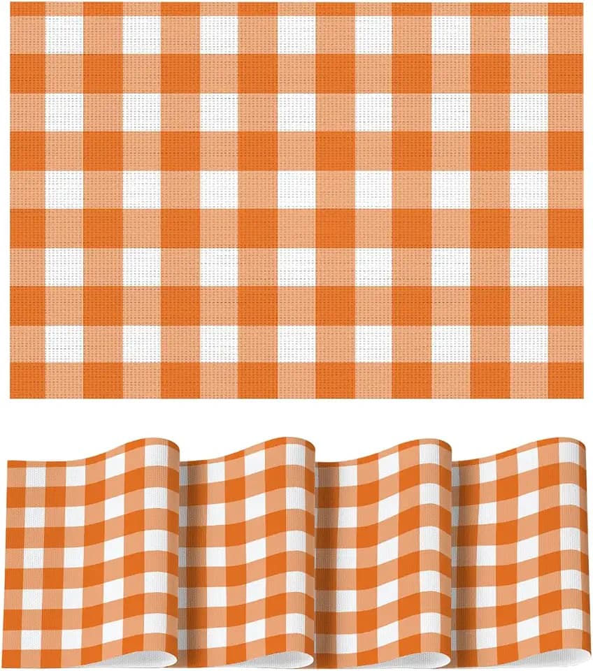Artoid Mode Buffalo Plaid Vinyl Placemats Set of 4, 12x18 Inch Washable Non-Slip Heat Resistant Plastic Place Mats for Party Dining Table, Orange/White