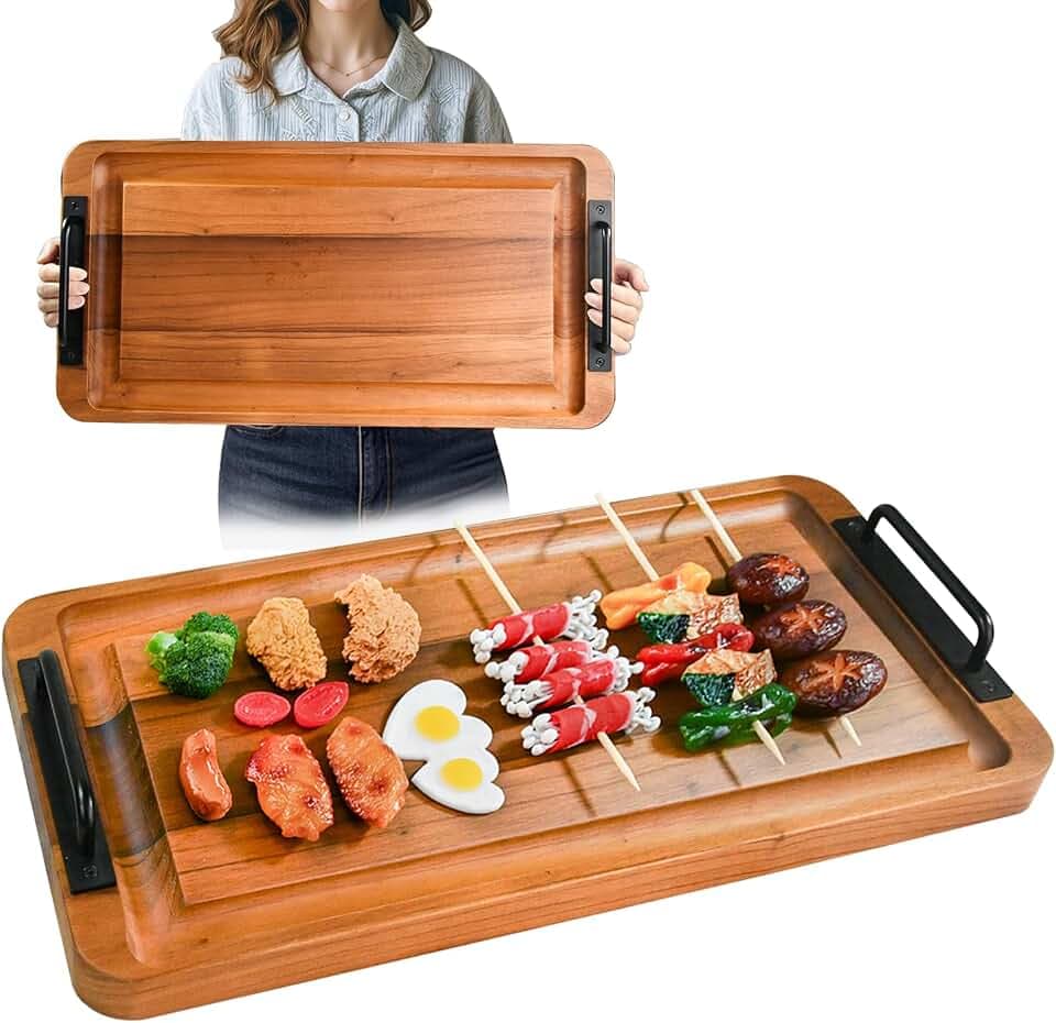 Large Wooden Charcuterie Board with Handles Long BBQ Serving Tray Platters