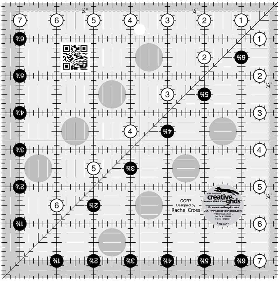 Creative Grids Quilt Ruler 7-1/2in x 7-1/2in Square – CGR7 – Made in USA, Non-Slip Grip Acrylic Quilting, Sewing, Crafting, Patchwork Ruler for Measuring & Cutting Fabric