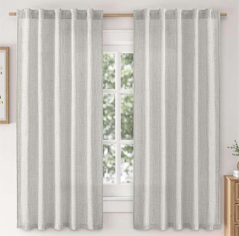 MIULEE Faux Linen Curtains 63 Inch Length 2 Panels Natural Semi Sheer Curtain with Back Tab Rod Pocket, Light Filtering Window Privacy Burlap Drapes for Living Room Bedroom 42W x 63L Grey