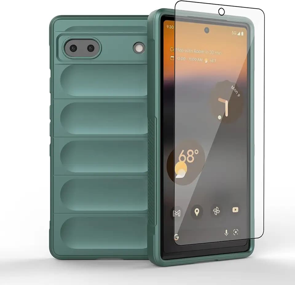 Asuwish Phone Case for Google Pixel 6A 5G 2022 with Tempered Glass Screen Protector and Soft TPU Slim Thin Shockproof Protective Silicone Cell Cover Accessories Pixel6A A6 Women Men Girls Boys Green
