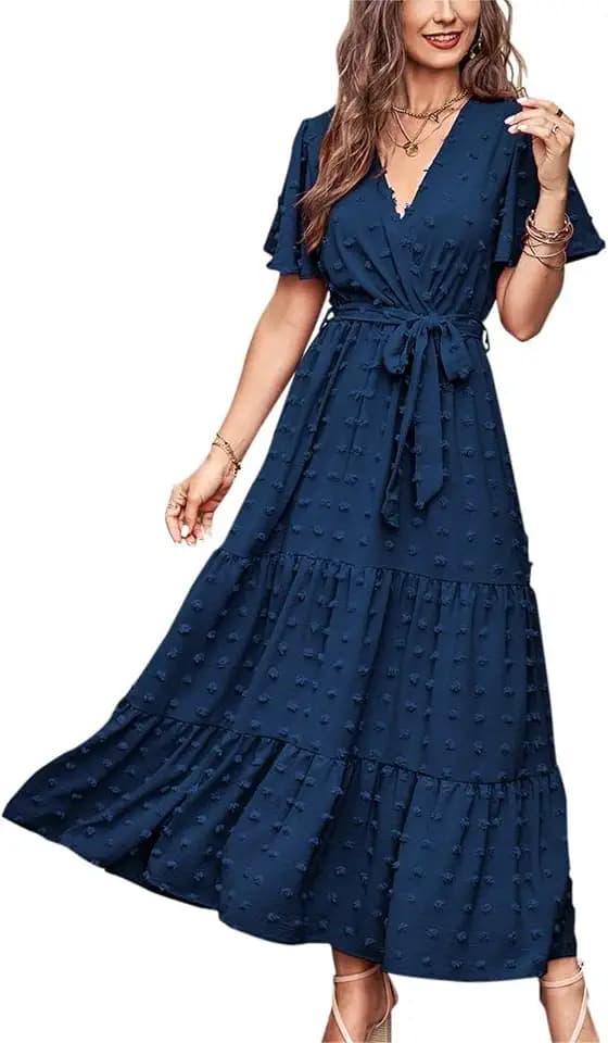 MASCOMODA Womens Summer Swiss Dot Maxi Dresses Wrap Boho Floral Long Dress