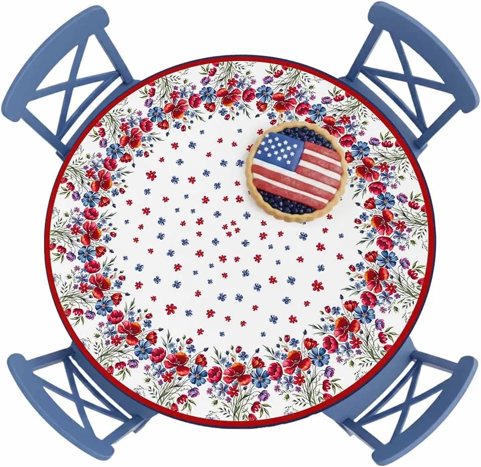 4th of July Round Fitted Tablecloth with Elastic Patriotic Poppy Floral Independence Day Tablecloths Red Blue Table Cover for Kitchen Dinner Memorial Day Party Fits Tables up to 36"- 44" Diameter