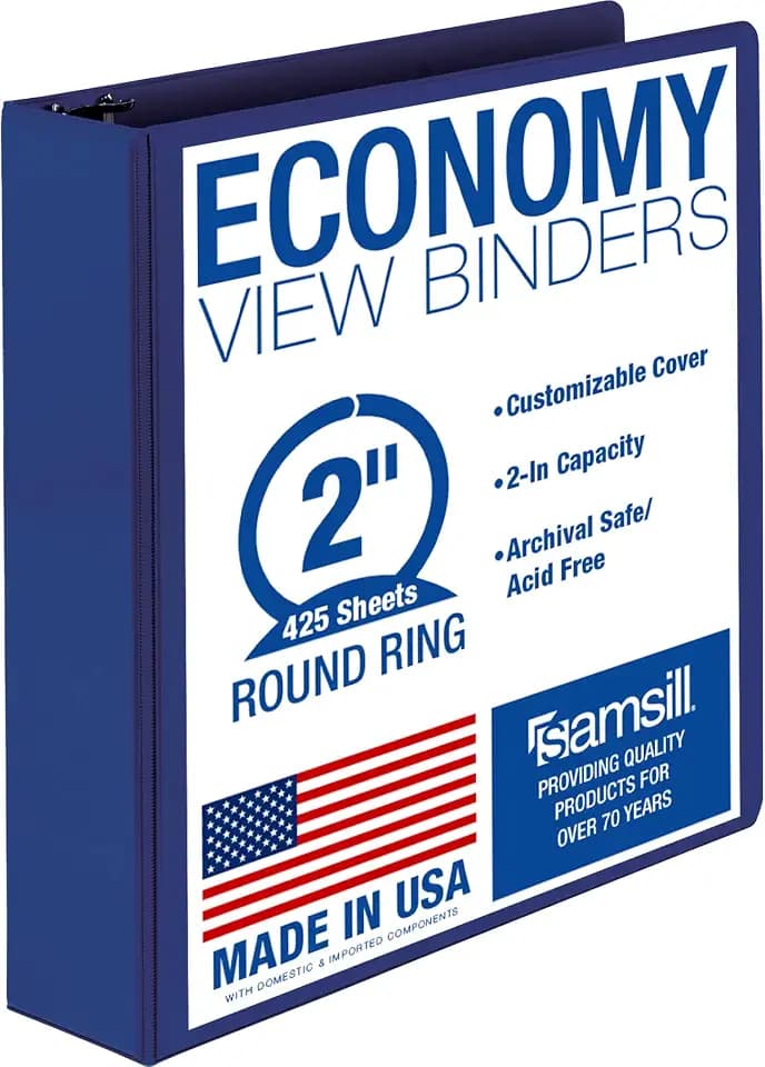 Samsill 2 Inch 3 Ring Binder, Economy Round Ring, Clear View Cover, 425 Sheet Capacity - for School, Home, Office - Blue