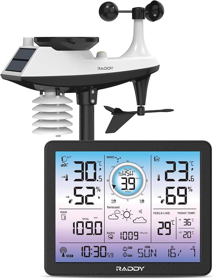 Raddy VP7 Wetterstation Funk Innen Außen Thermometer Professionell, 7,4'' Digitales Display in Lila, Funkuhr, Temperatur- und Feuchtigkeitsmonitor, Wettervorhersage und Luftdruck